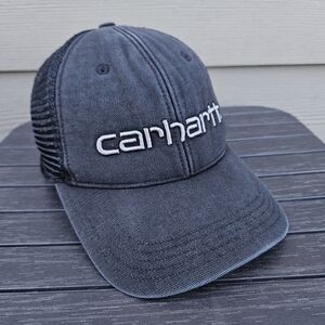 Vintage Carhartt Black Cap Meshback Trucker Hat Snapback Spellout Logo EUC